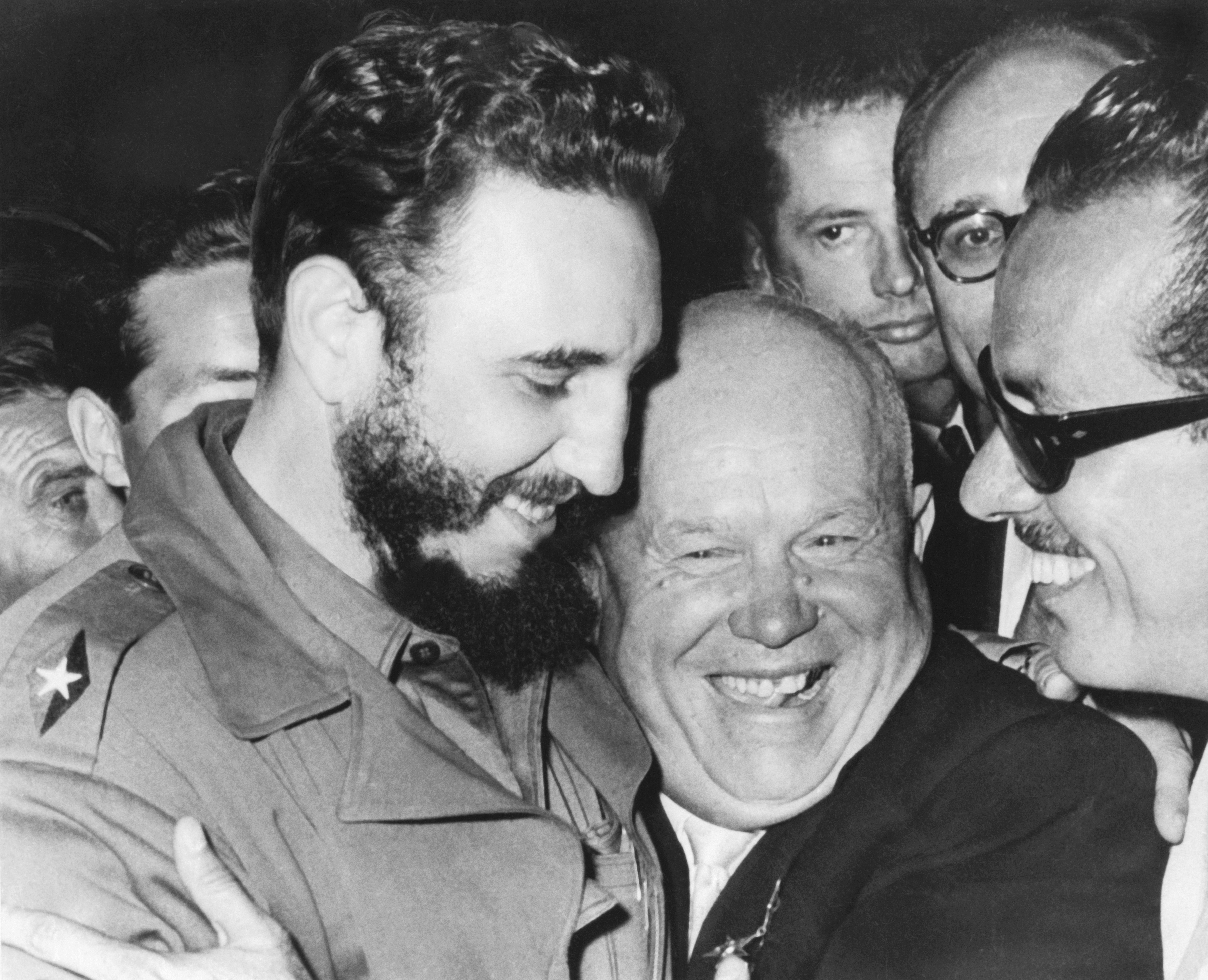 A jovial greeting takes place between Cuba's Prime MInister Fidel Castro and Soviet Union's Premier Nikita Khrushchev when they met at the United Nations today, New York, New York, September 20, 1960. (Photo by Underwood Archives/Getty Images)